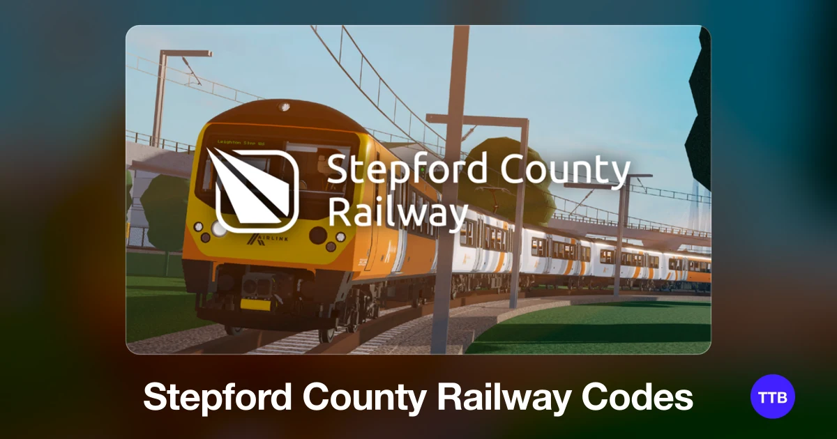Stepford County Railway codes cover: the official Roblox game image with the game name