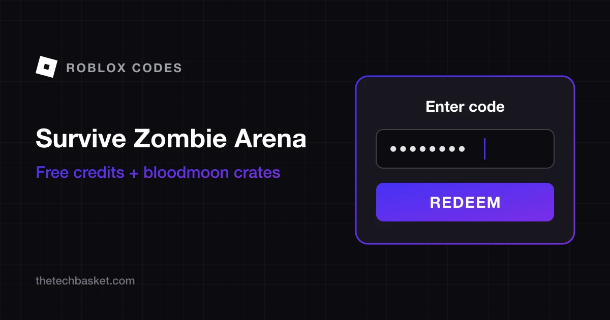 Survive Zombie Arena codes cover: Roblox mark, game name, free credits and Bloodmoon crates, and a redeem code box