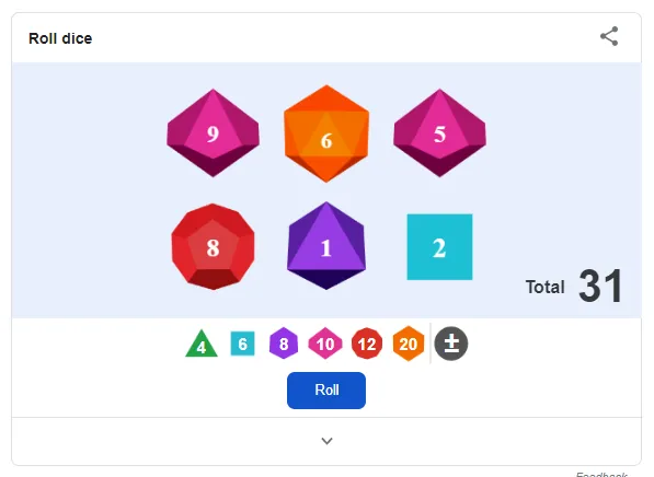 Google dice roller with multiple dice types from 3 to 20 faces