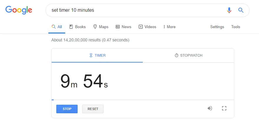 Google countdown timer set to 10 minutes with start button