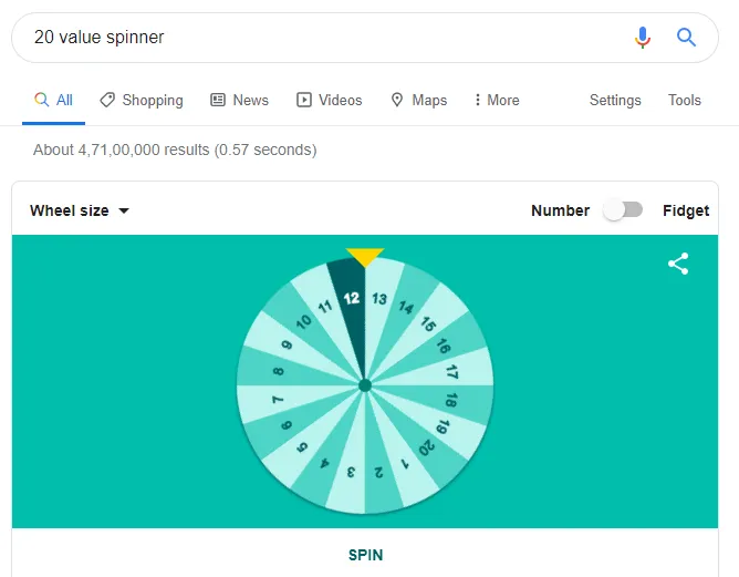 Google spinner wheel with numbered segments and fidget option