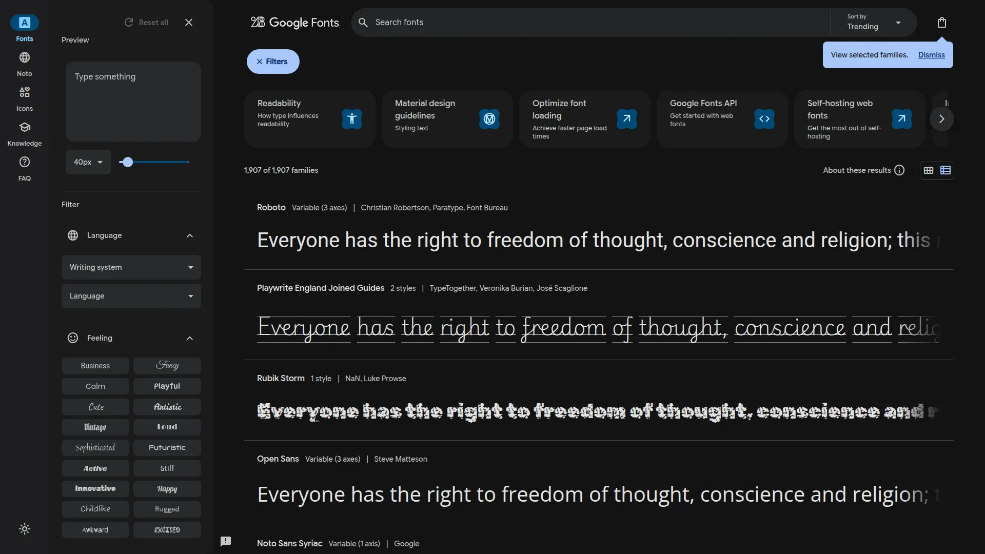 Google Fonts screenshot