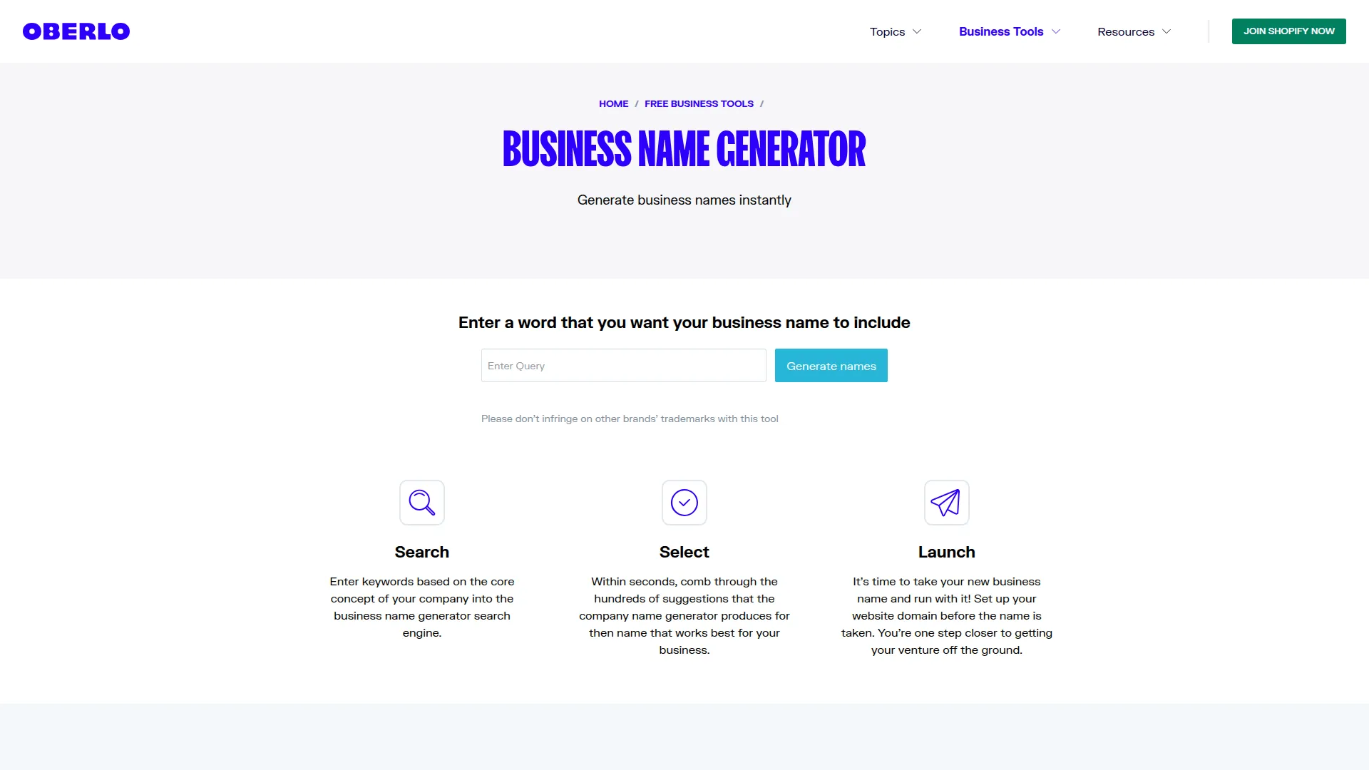 Oberlo Business Name Generator screenshot
