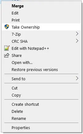 take ownership in right click context menu windows