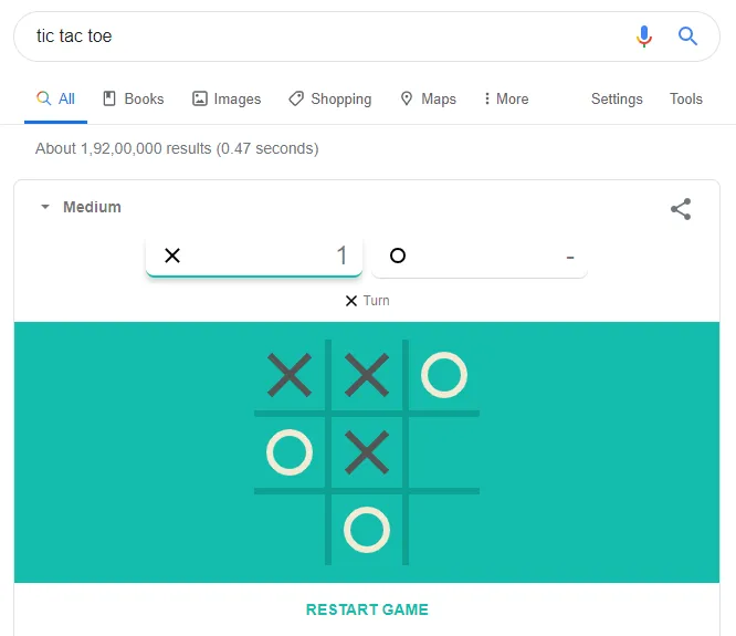 Tic tac toe game board on Google search results page