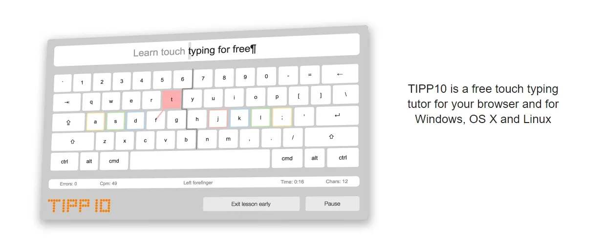 TIPP10 desktop typing tutor with error statistics