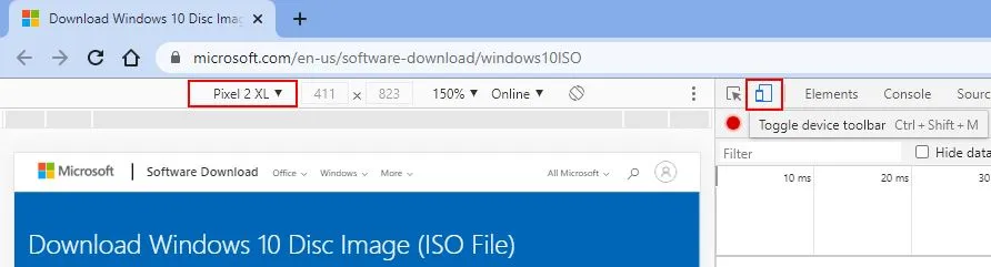 Chrome Developer Tools device toolbar showing mobile view toggle