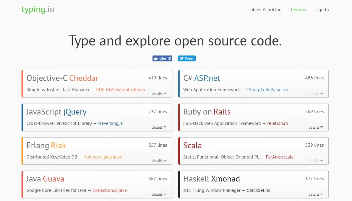 Typing.io practice screen with source code excerpt
