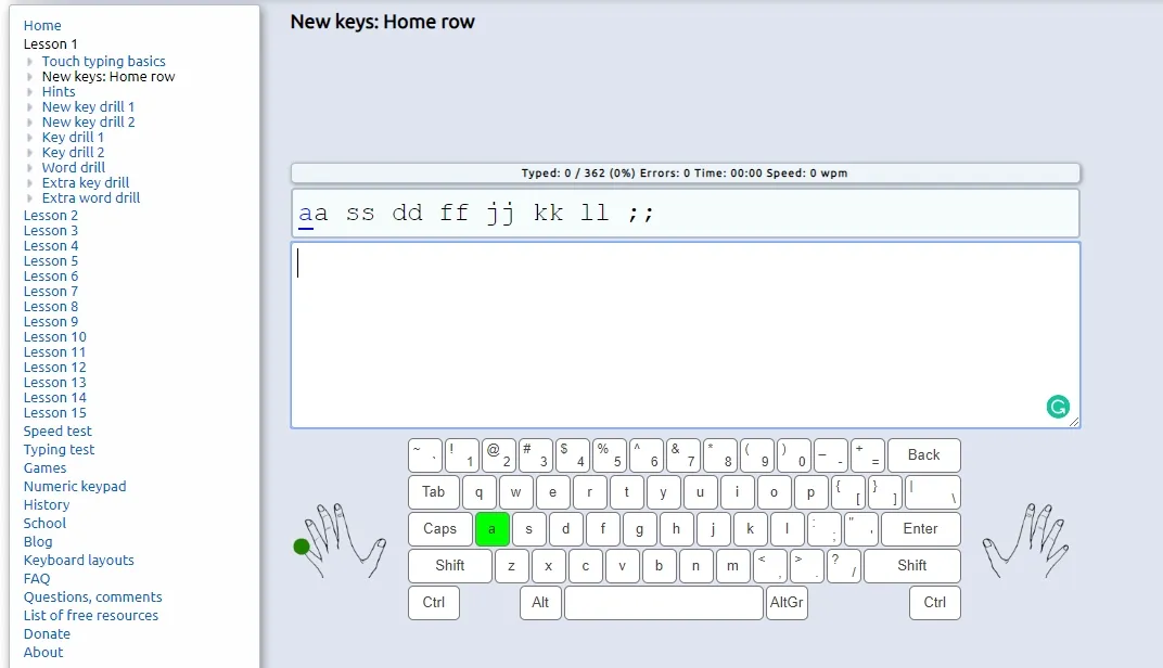 TypingStudy lesson page with multilingual keyboard layouts
