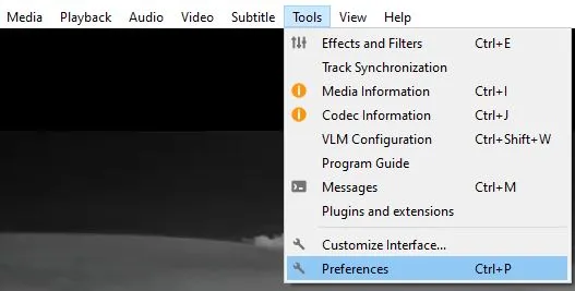 VLC Player Tools menu with Preferences option highlighted