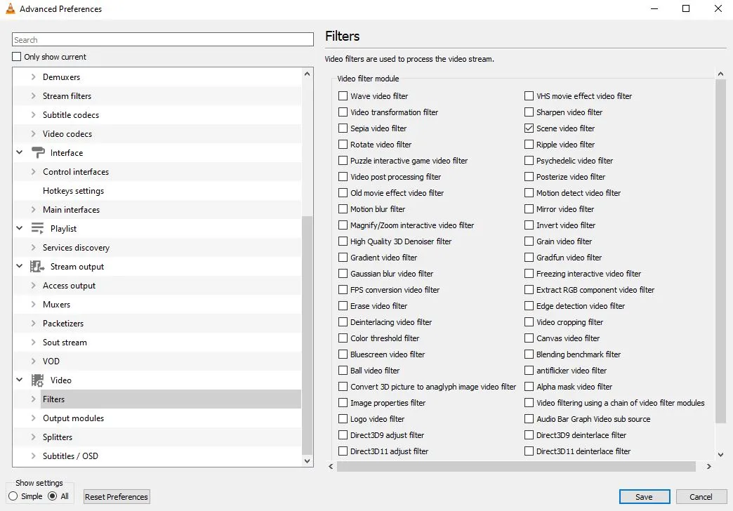 VLC advanced settings with Scene Video Filter checkbox enabled