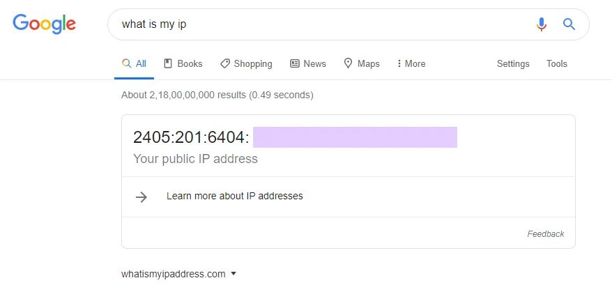 Google showing public IP address at the top of search results