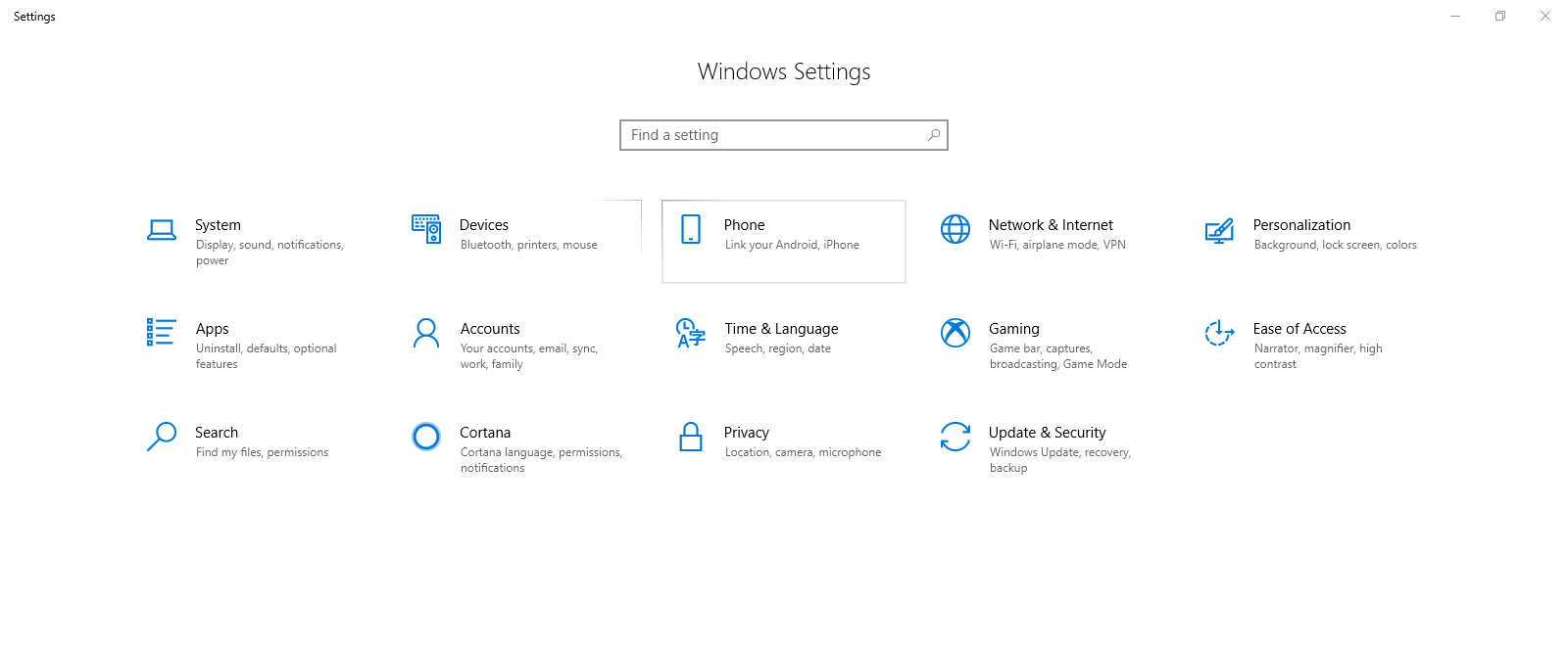 windows 10 settings page