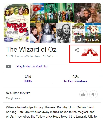 Wizard of Oz search page with clickable ruby slippers icon