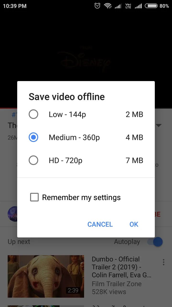 YouTube app video quality selection for offline download